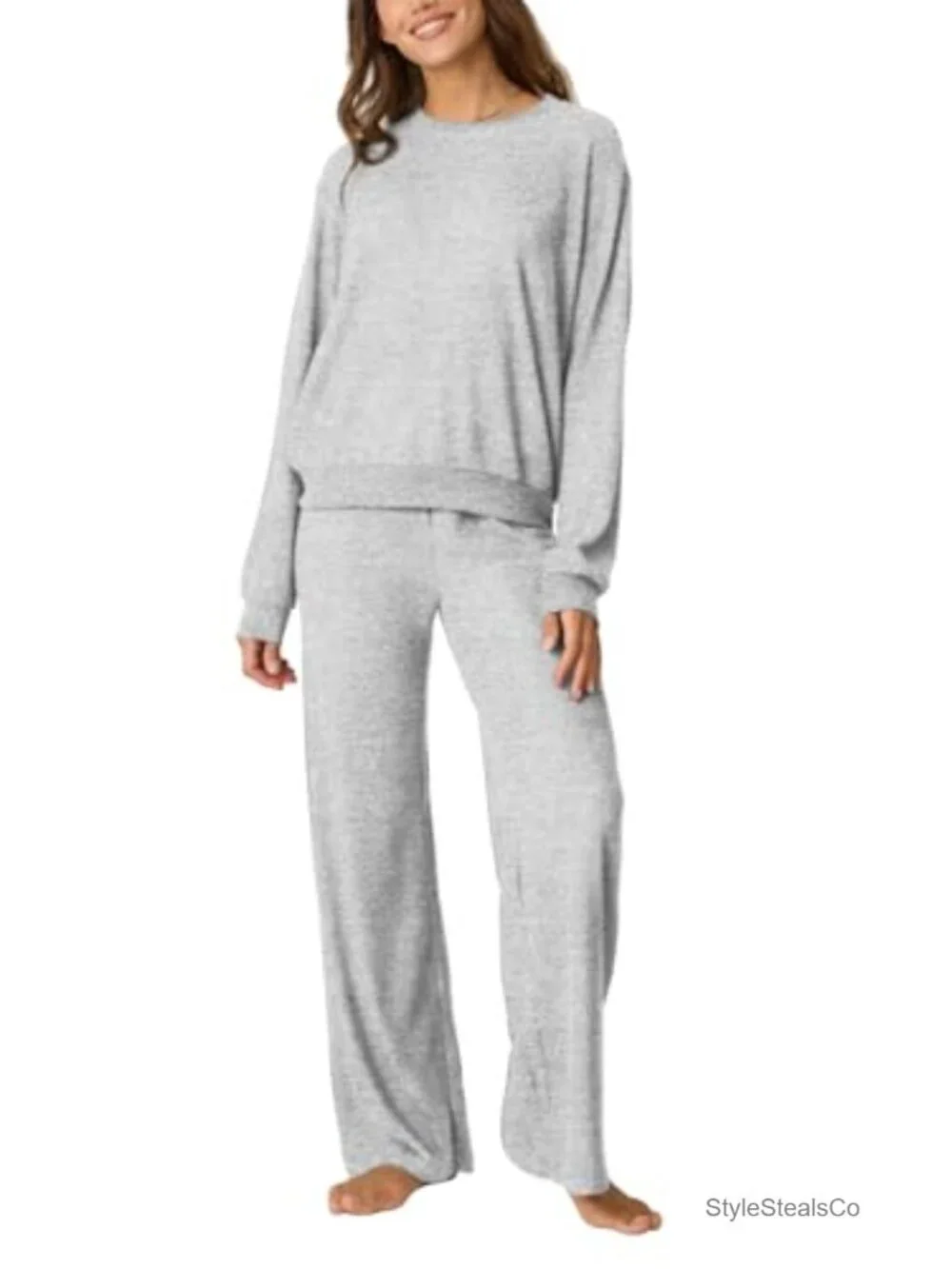 Women's 2-Piece Lounge Sleepwear Set Brushed Jersey Long Sleeve Top & Wide Leg